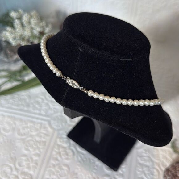 Vintage Art Deco Glass Pearl Choker Necklace With Faceted Clear Crystals 15” - Picture 5 of 15